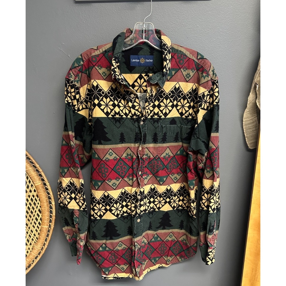 Vintage Lawton Harbor Mens L Flannel Shirt Cabin‎ Trees Winter Lodge Rustic